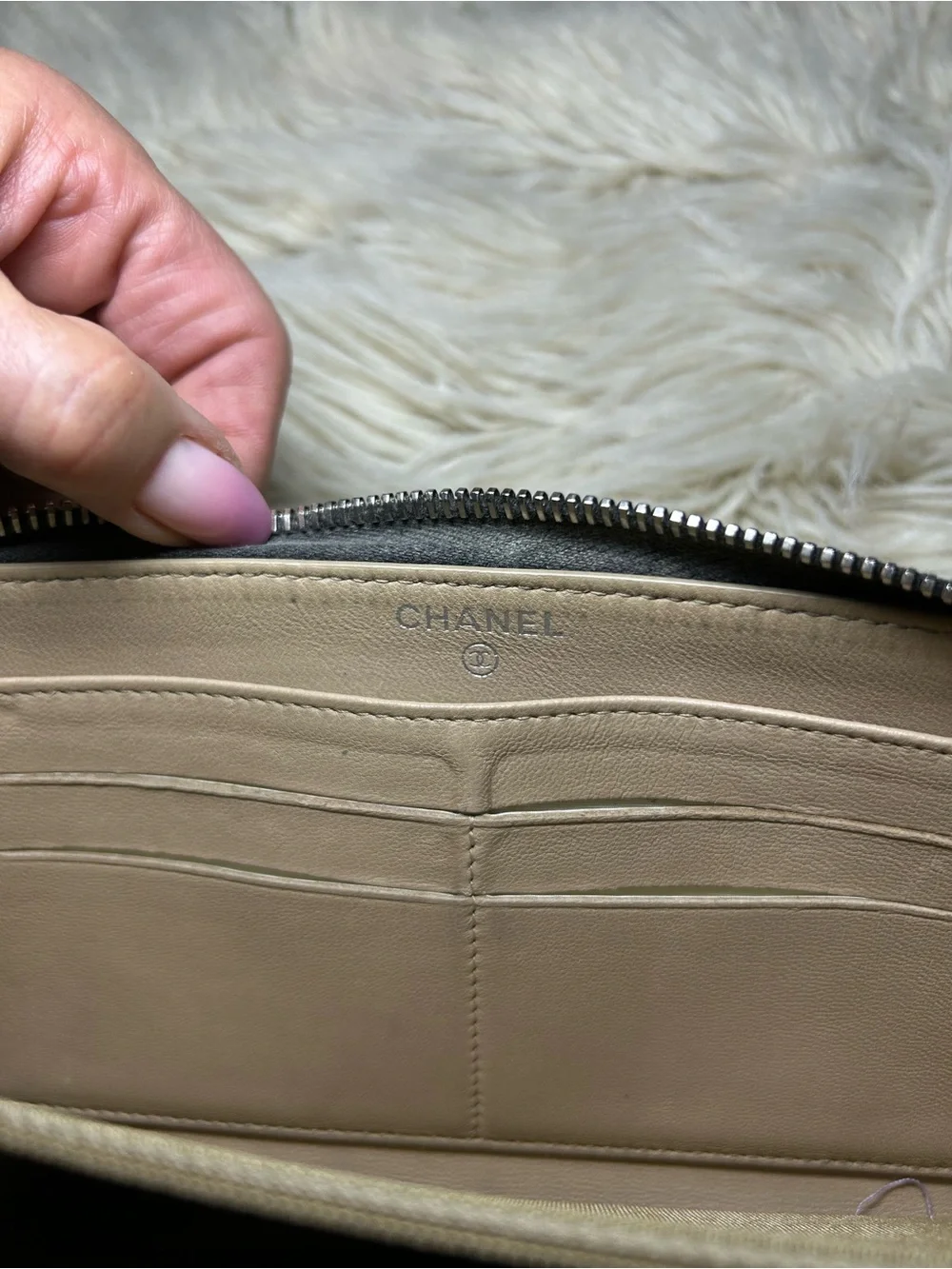 CHANEL Black Quilted Zip-Around Wallet with Silver CC